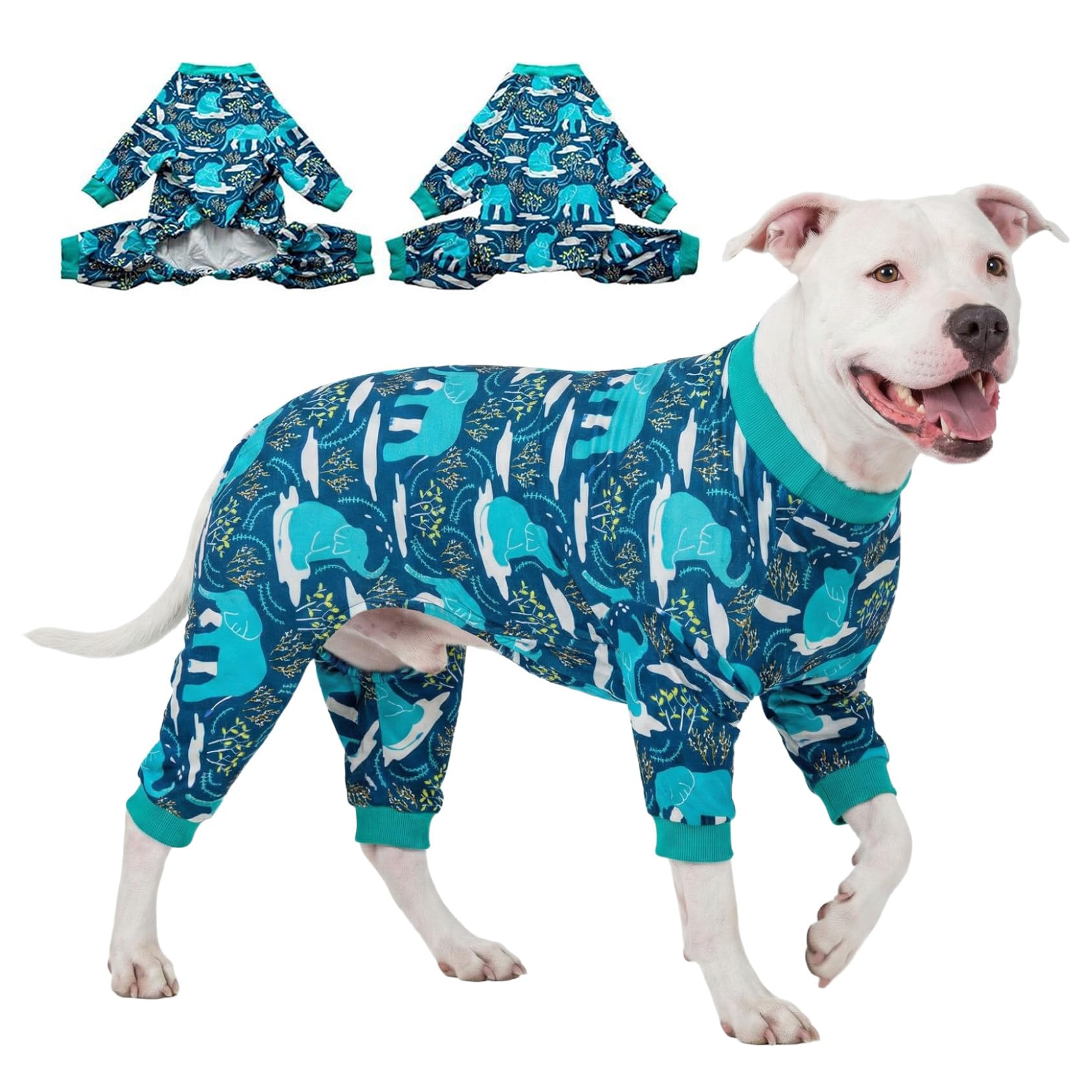 LovinPet blue elephant print dog onesie provides stylish outdoor protection.