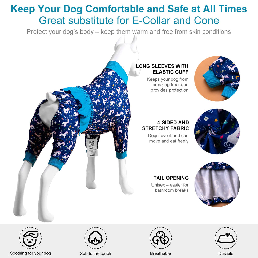 LovinPet blue M dog pajamas illustrate size-friendly fit for indoor lounging.