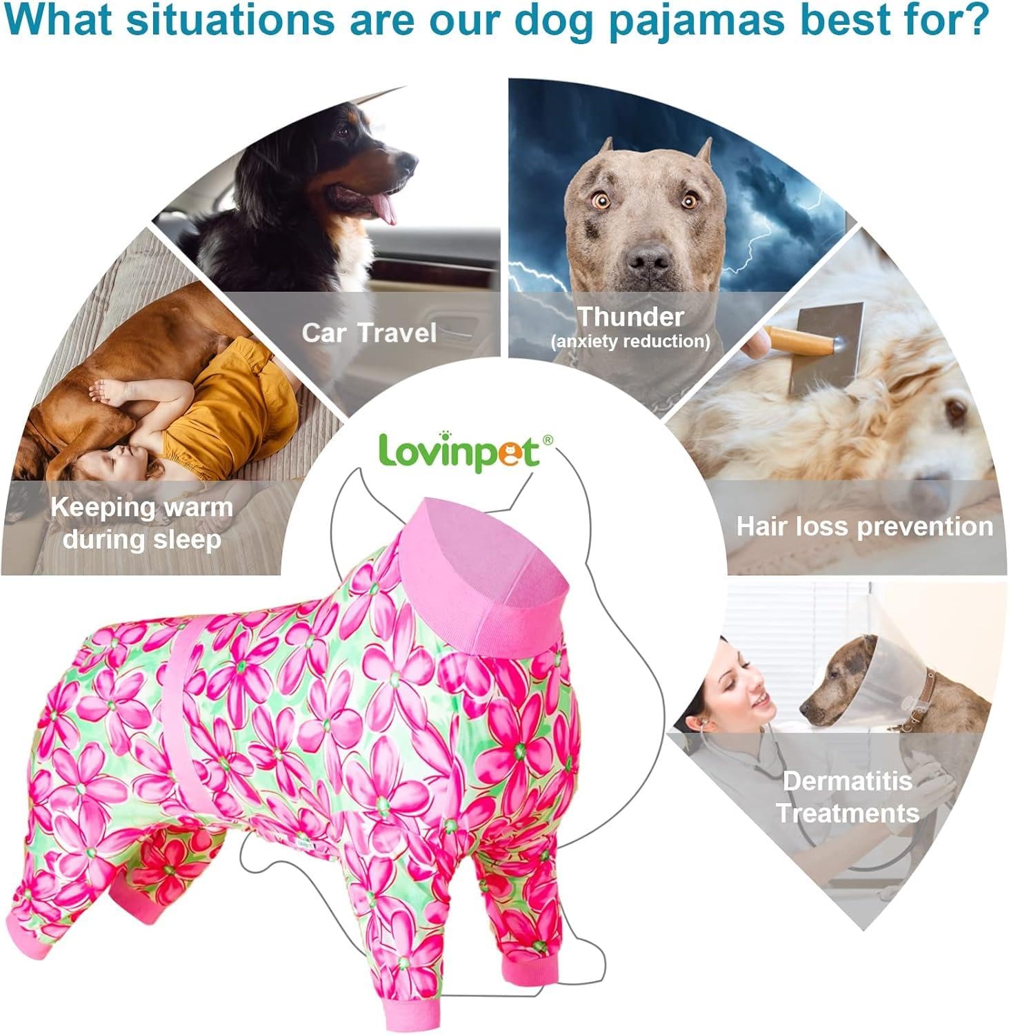 LovinPet breathable dog onesie with stretch fabric for easy wear.