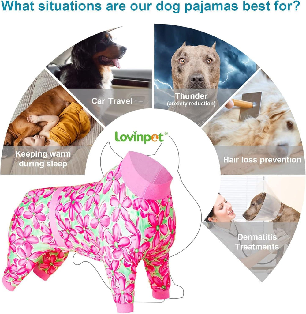 LovinPet breathable dog onesie with stretch fabric for easy wear.