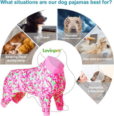 LovinPet breathable dog onesie with stretch fabric for easy wear.