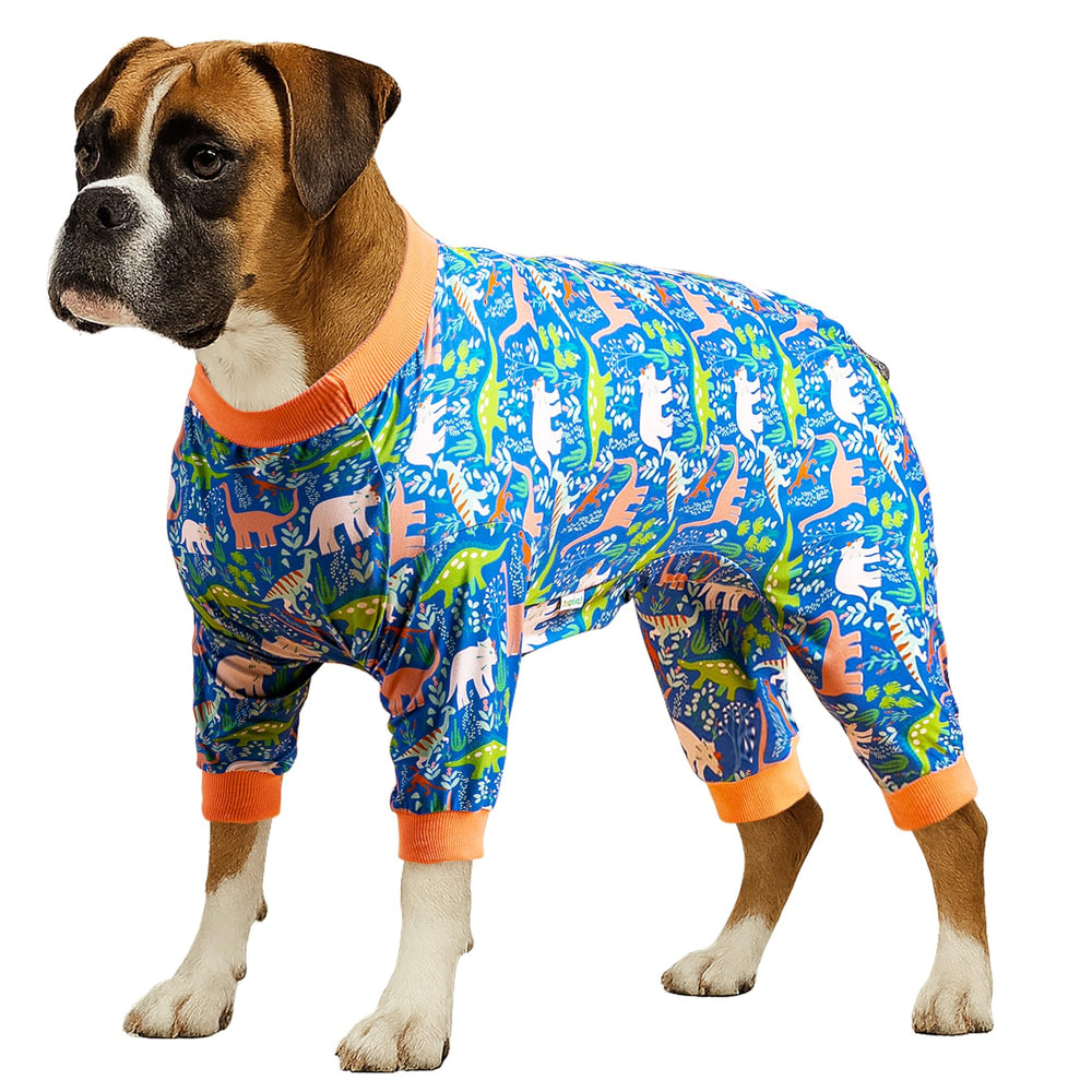 LovinPet dinosaur land blue print dog pajamas front view for comfortable lounging.