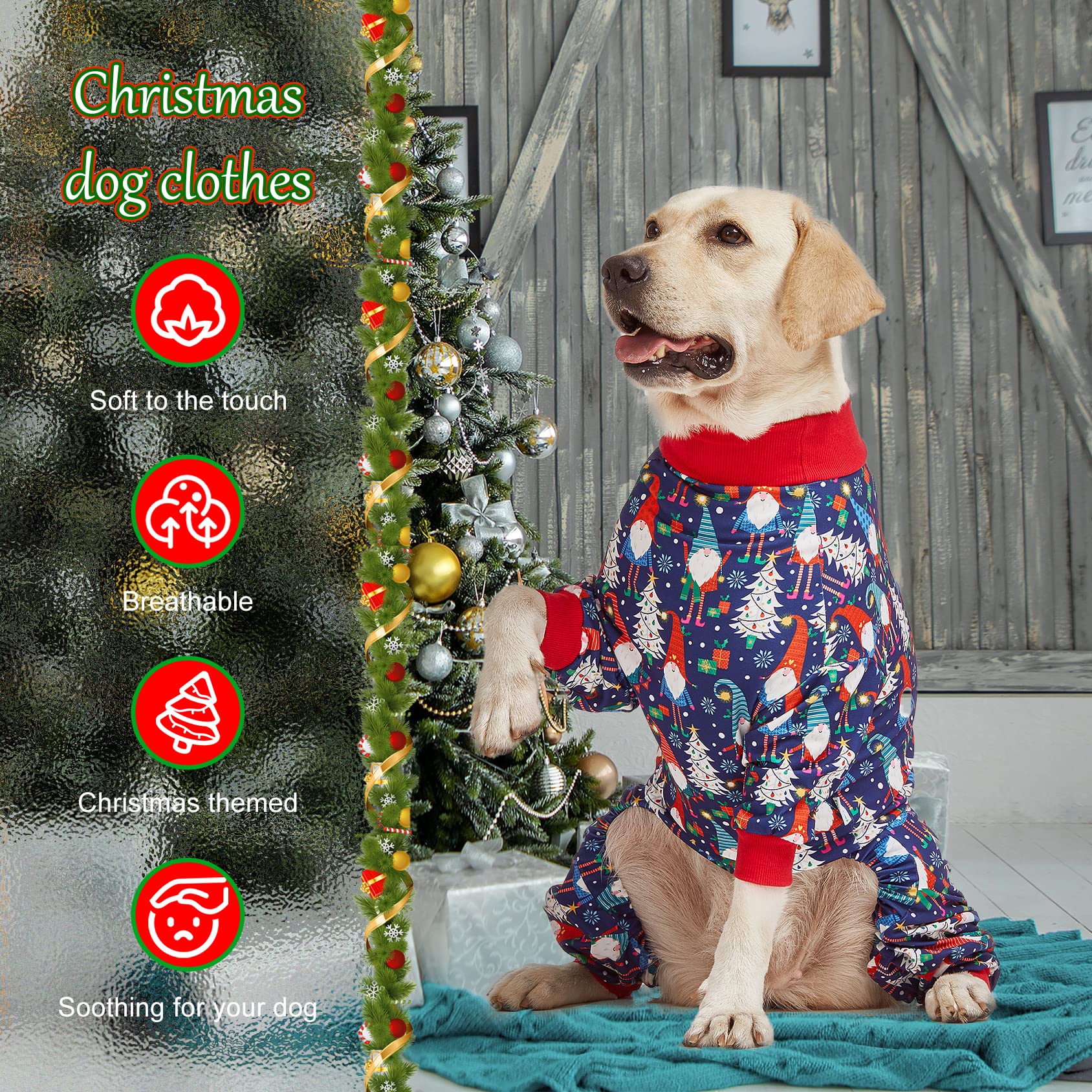 LovinPet dog Christmas pajamas side view shows easy-on design for big dogs.