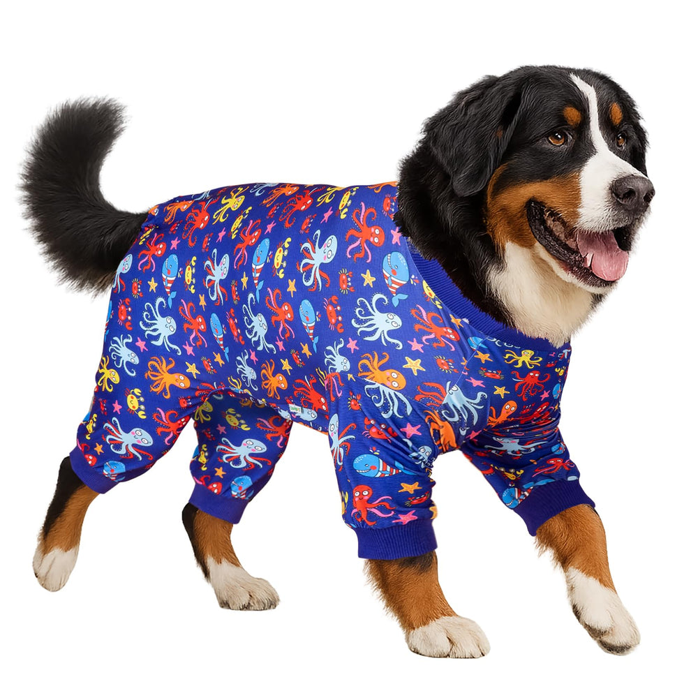 LovinPet Dog Jammies on a dog displaying marine-print jumpsuit for relaxed rest.