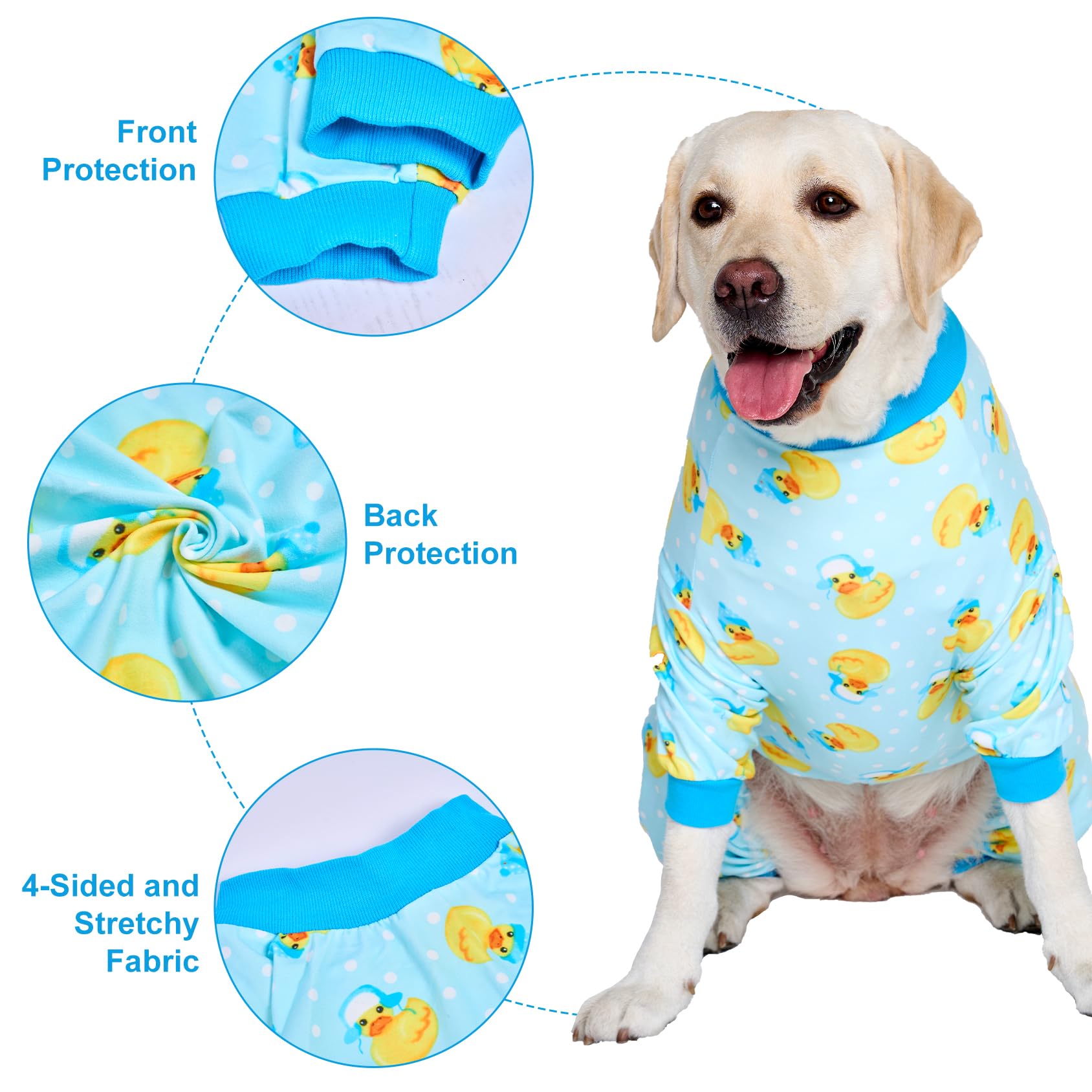 LovinPet dog-pajamas blue-print front view features playful Rubber Ducks print