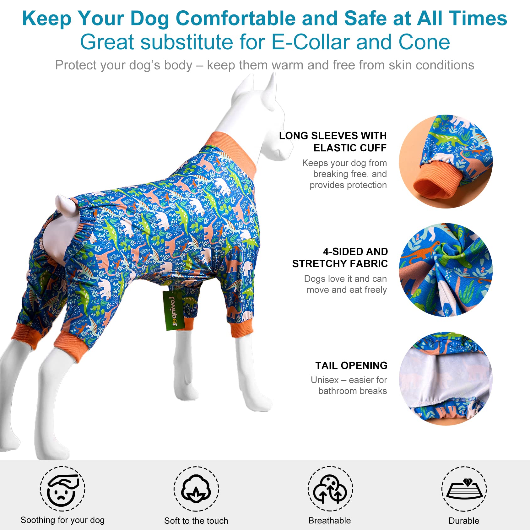 LovinPet dog pajamas machine washable label and durable colorfast material.