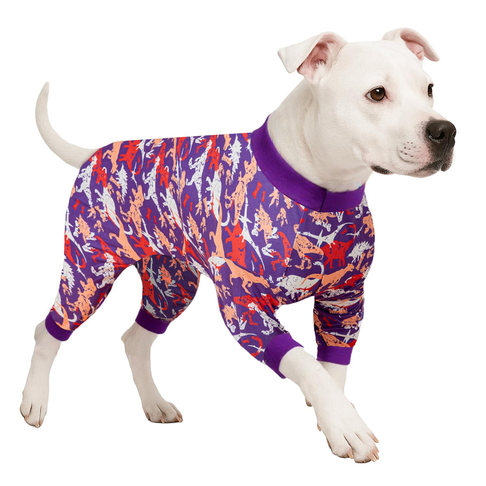 LovinPet dog pajamas in purple orange camo dinosaur front view ideal for outdoor adventures.
