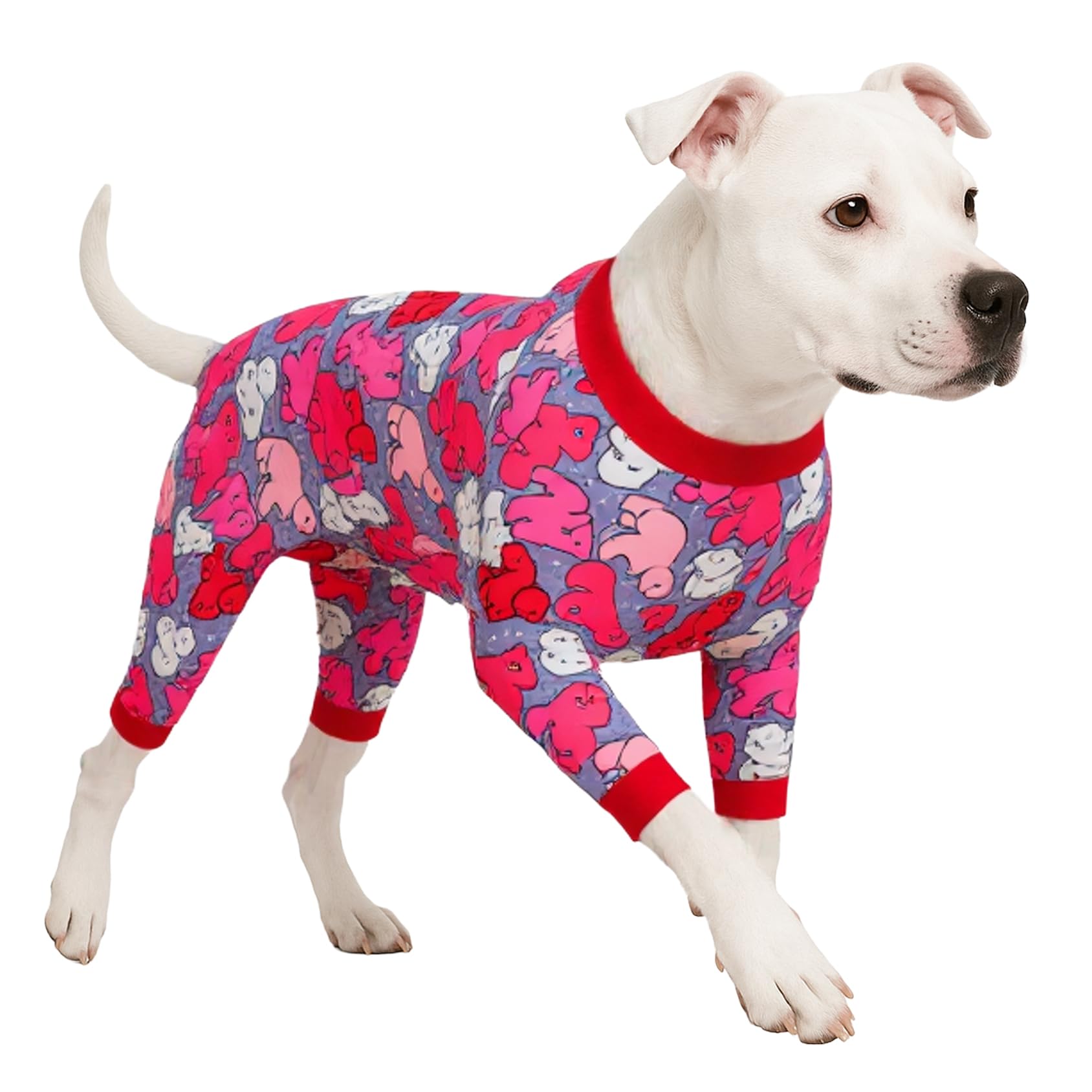 LovinPet dog pajama in red polka-dot bear pink print keeps dogs cozy and protected.