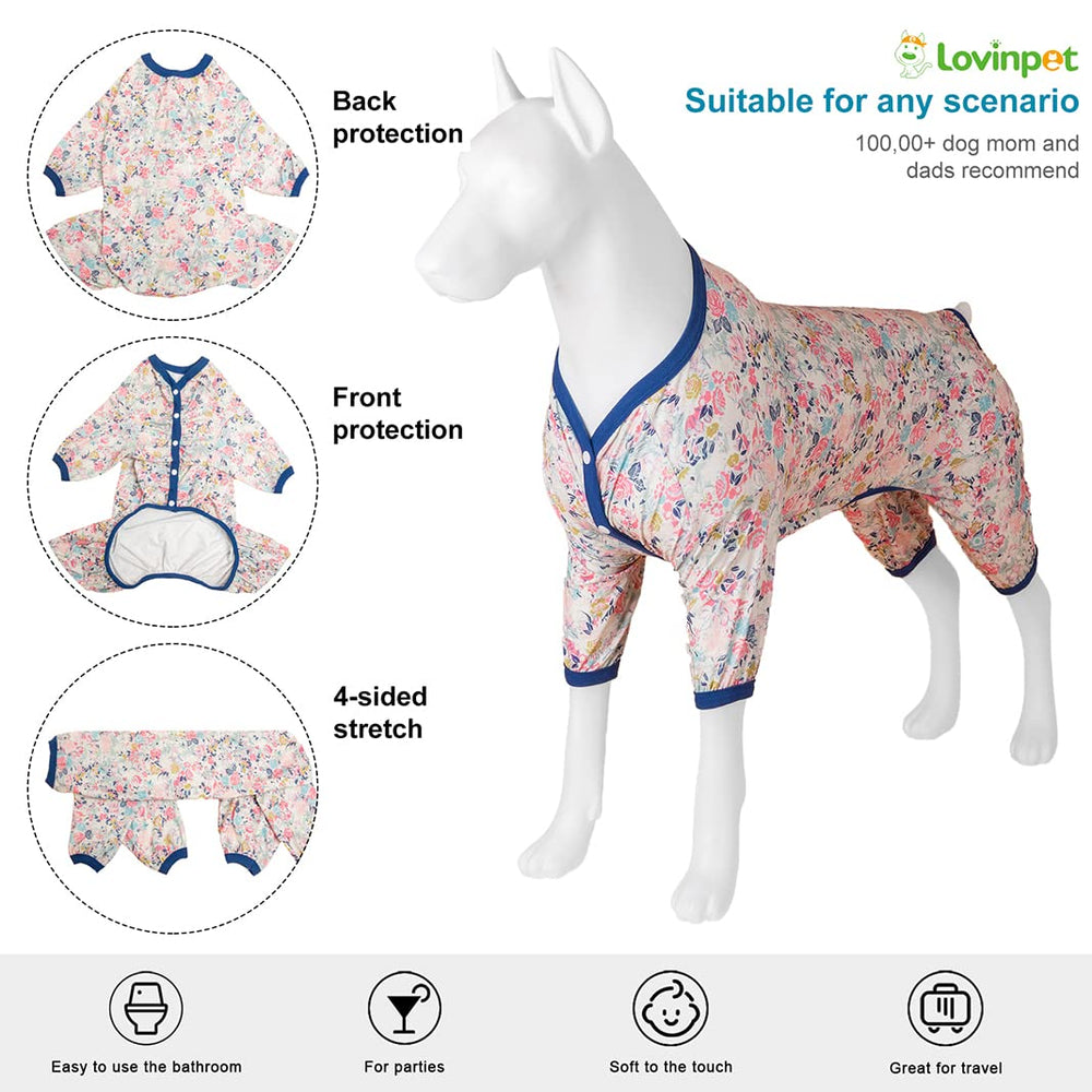 LovinPet dog pajamas in lightweight fabric keep pets cozy without bulk