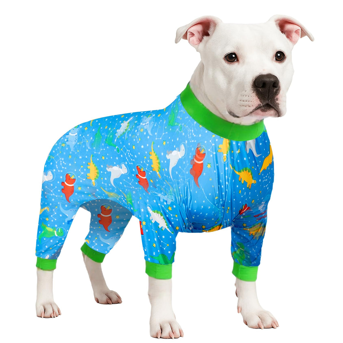 LovinPet dog post-surgery onesie in blue dinosaur print protects wounds and comforts pets.