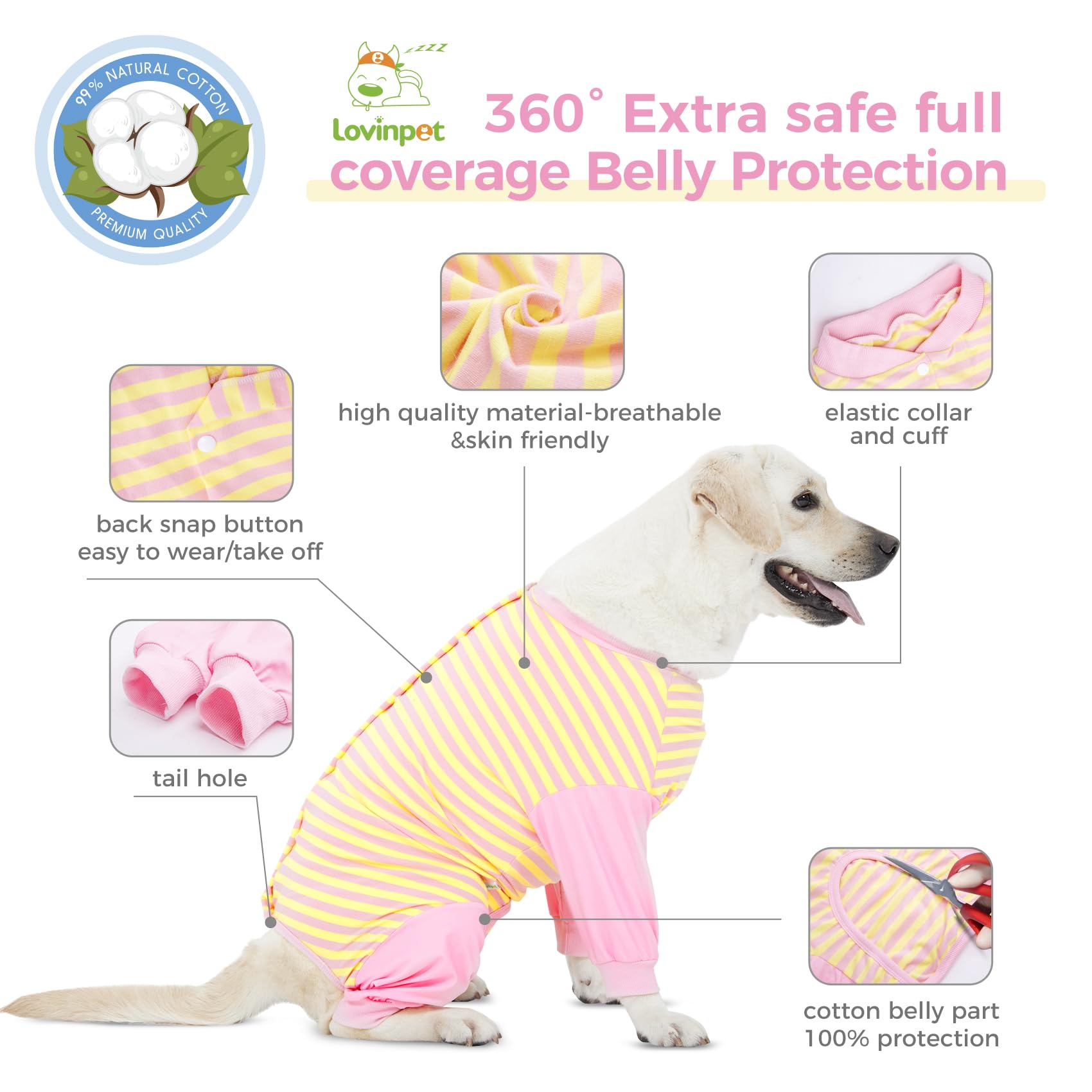 LovinPet dog recovery suit button closure enables quick on/off wear
