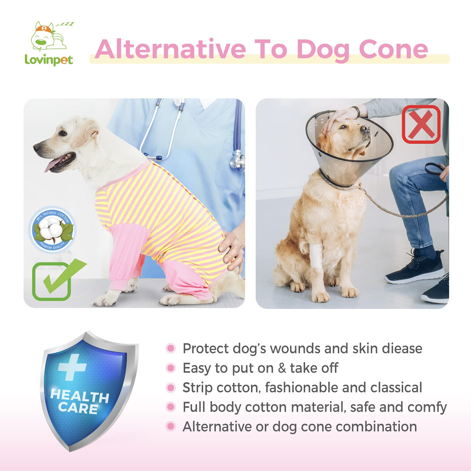 LovinPet dog recovery suit collar-compatible design protects while wearing a collar