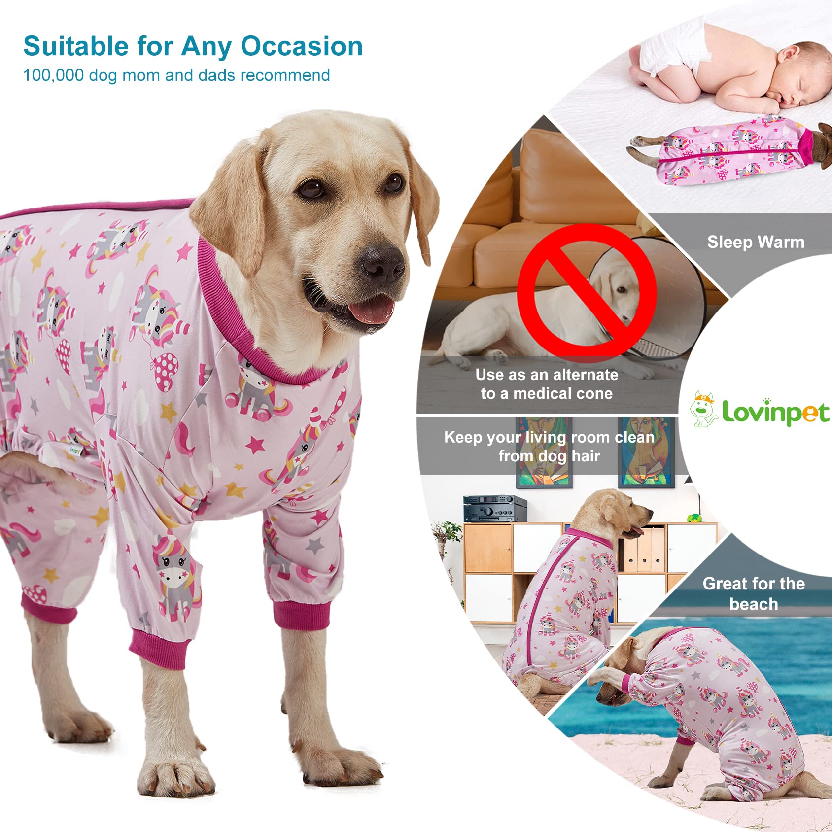LovinPet unicorn-rose-pink-print knee-area coverage for post-surgery wear.