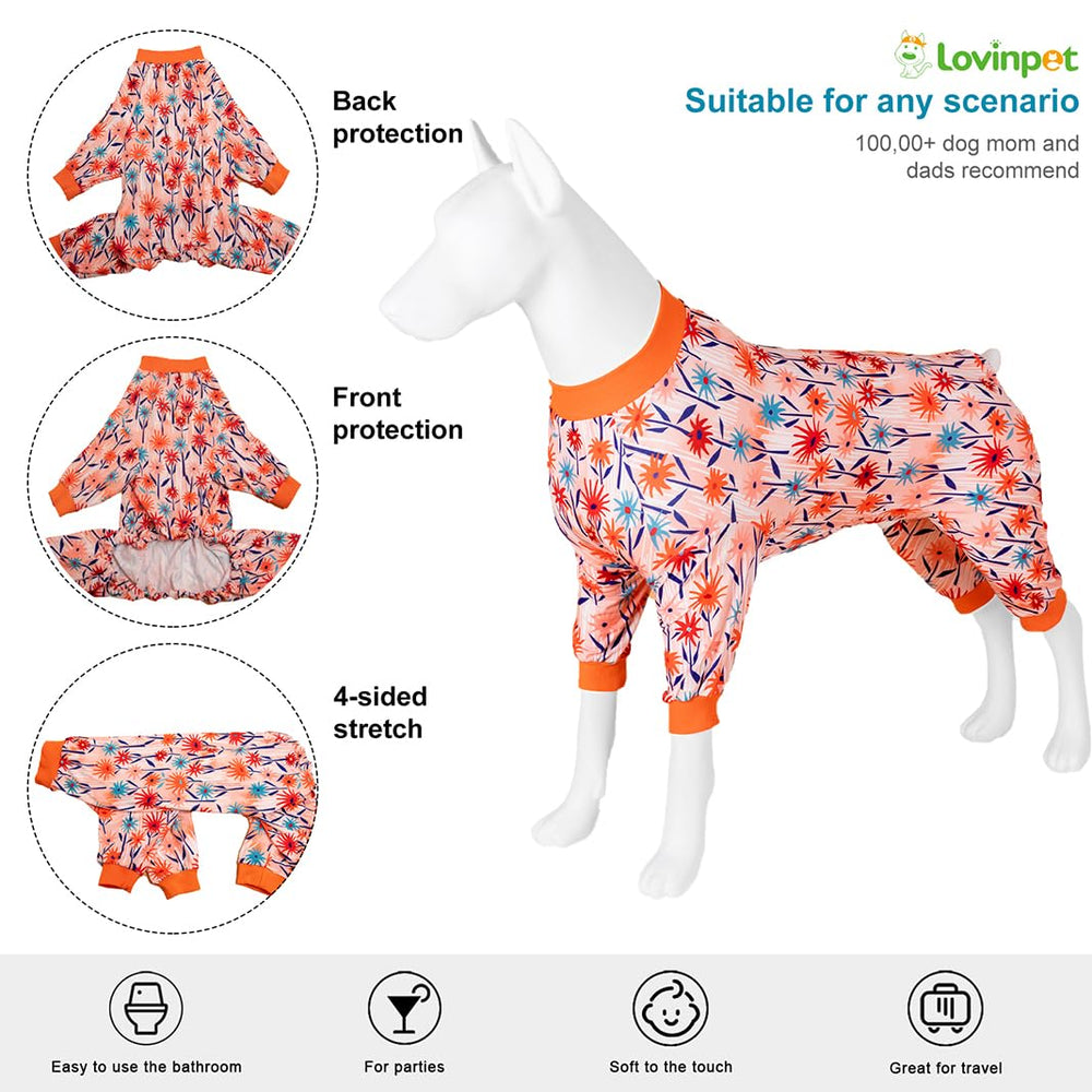 LovinPet full coverage dog pjs demonstrating secure coverage to keep dogs warm.