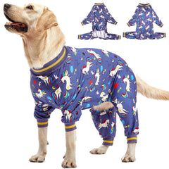 LovinPet large breed dog onesie displaying unicorn-rocket print for anxiety relief.