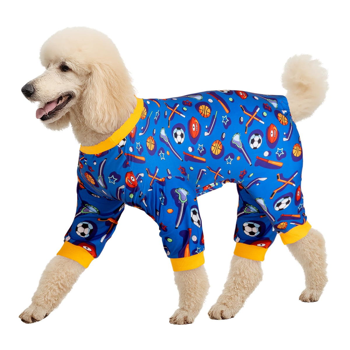 LovinPet large-dog-onesie blue-sports-print daily comfort for big dogs.