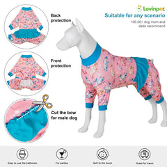 LovinPet dog onesie shows knee coverage as a gentle cone-of-shame alternative