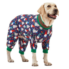 LovinPet large dog pajamas in navy prints on a dog provide cozy warmth and festive charm.