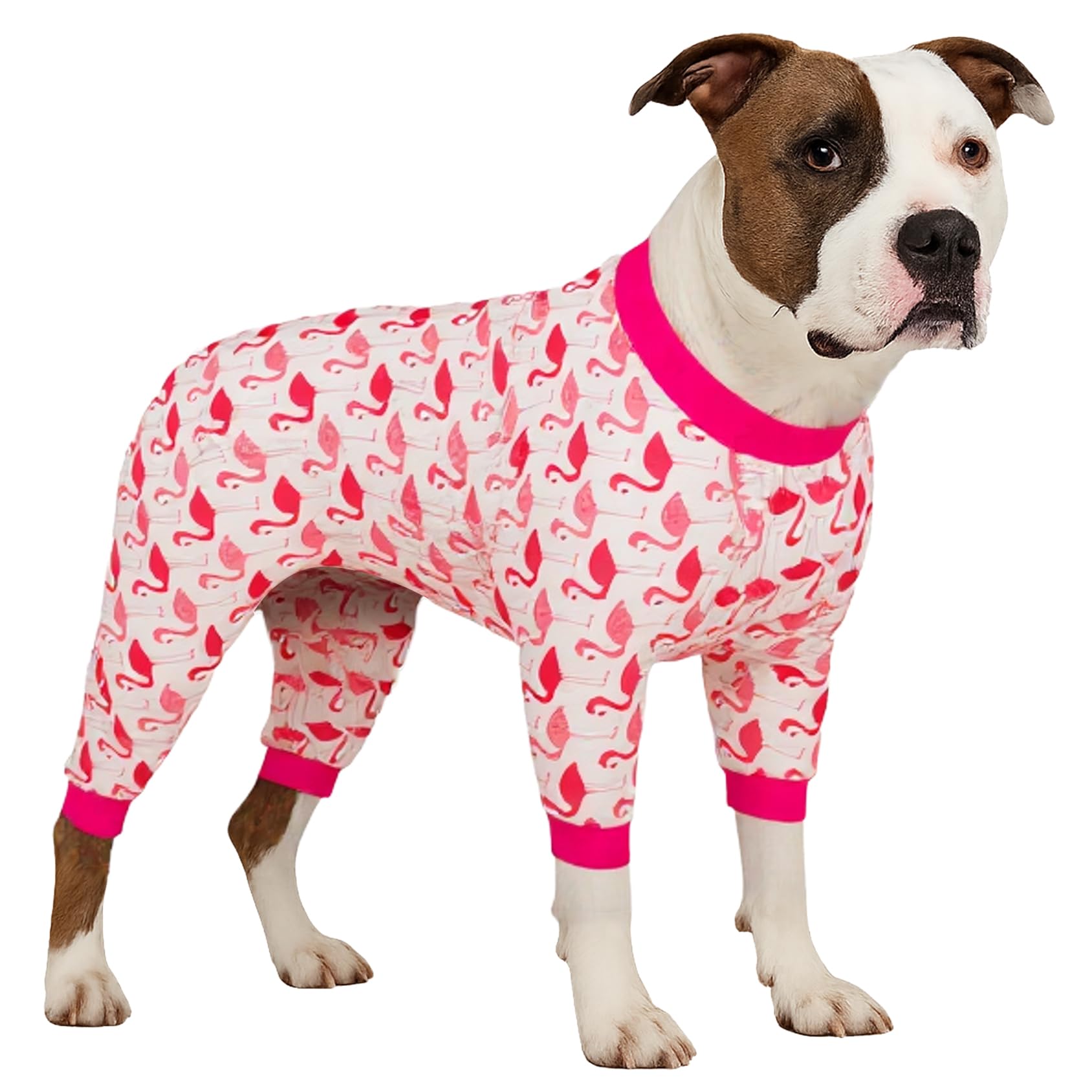 LovinPet large dog pjs with red flamingo print front view for comfort