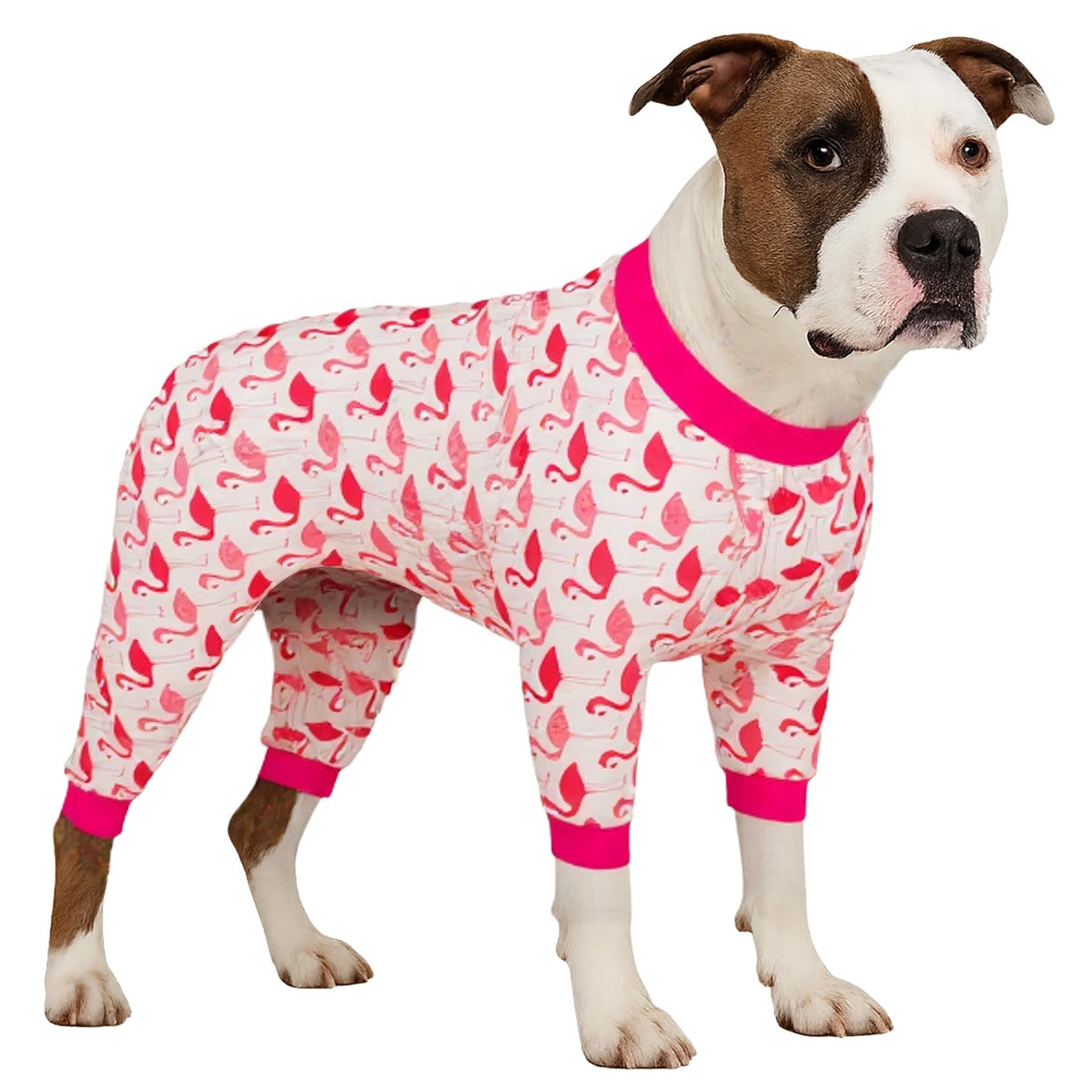 LovinPet large dog pjs with red flamingo print front view for comfort