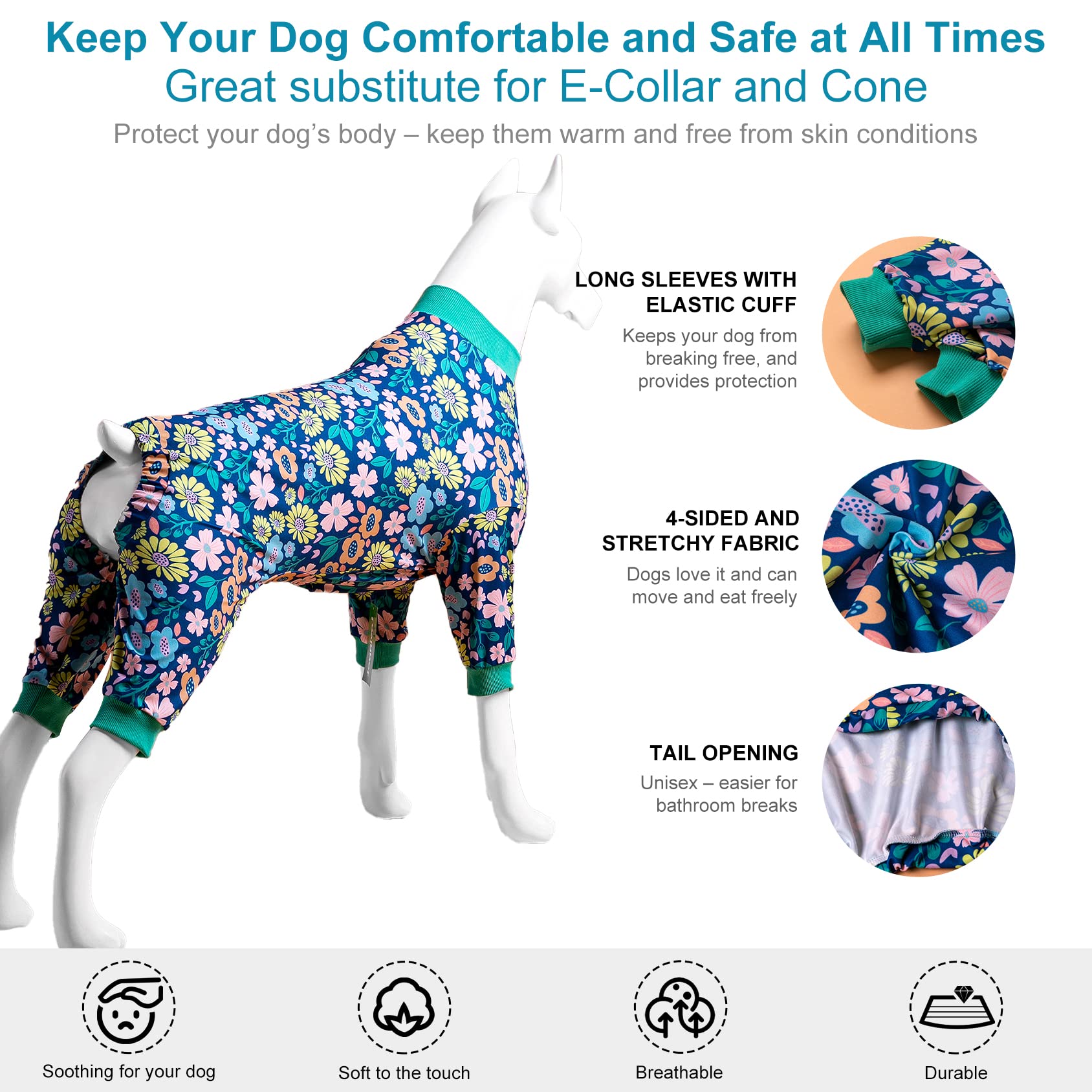 Easy on/off and elastic fit reduces dressing struggles for pets.