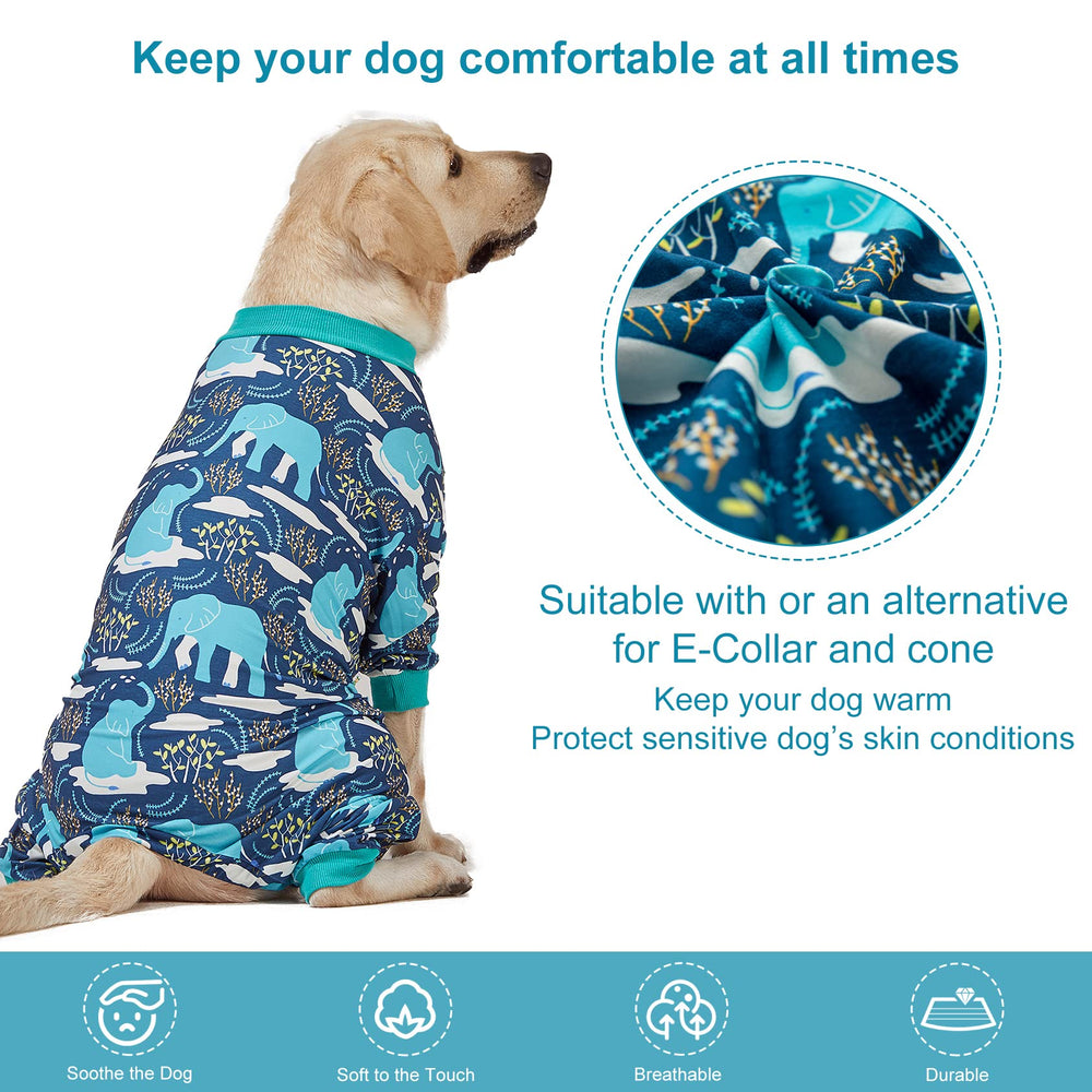 LovinPet outdoor adventure dog pajama keeps large dogs comfy.