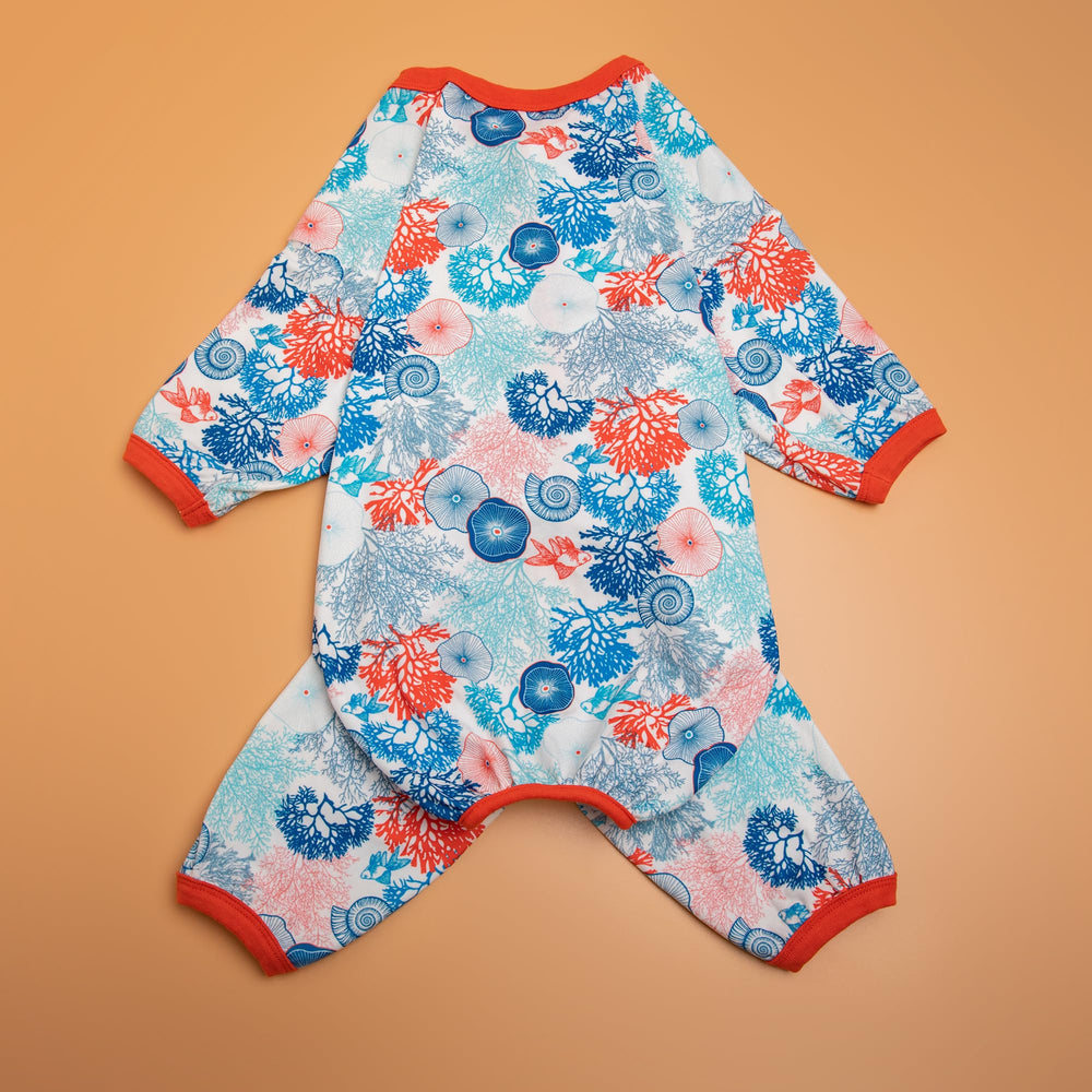 LovinPet Pajamas coral print on blue fabric adorable lounging style