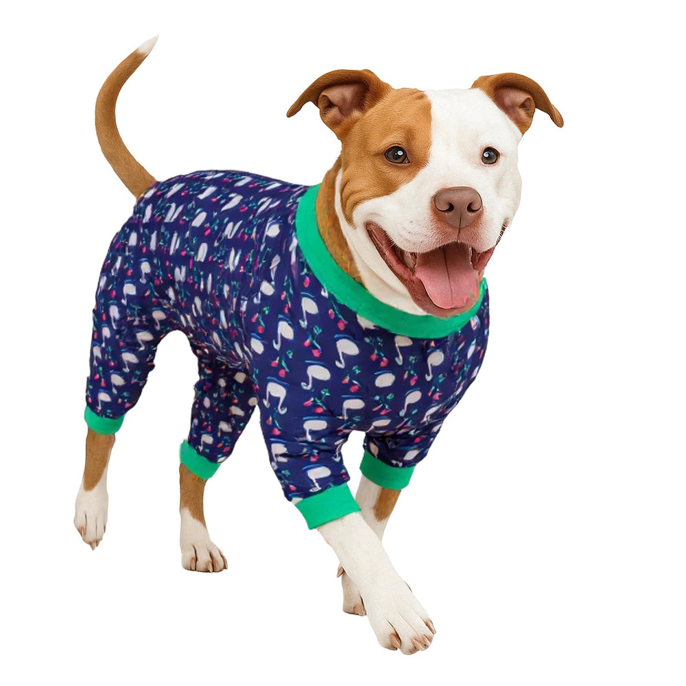 LovinPet midnight-blue swan-print pajamas offer full-coverage comfort for large dogs