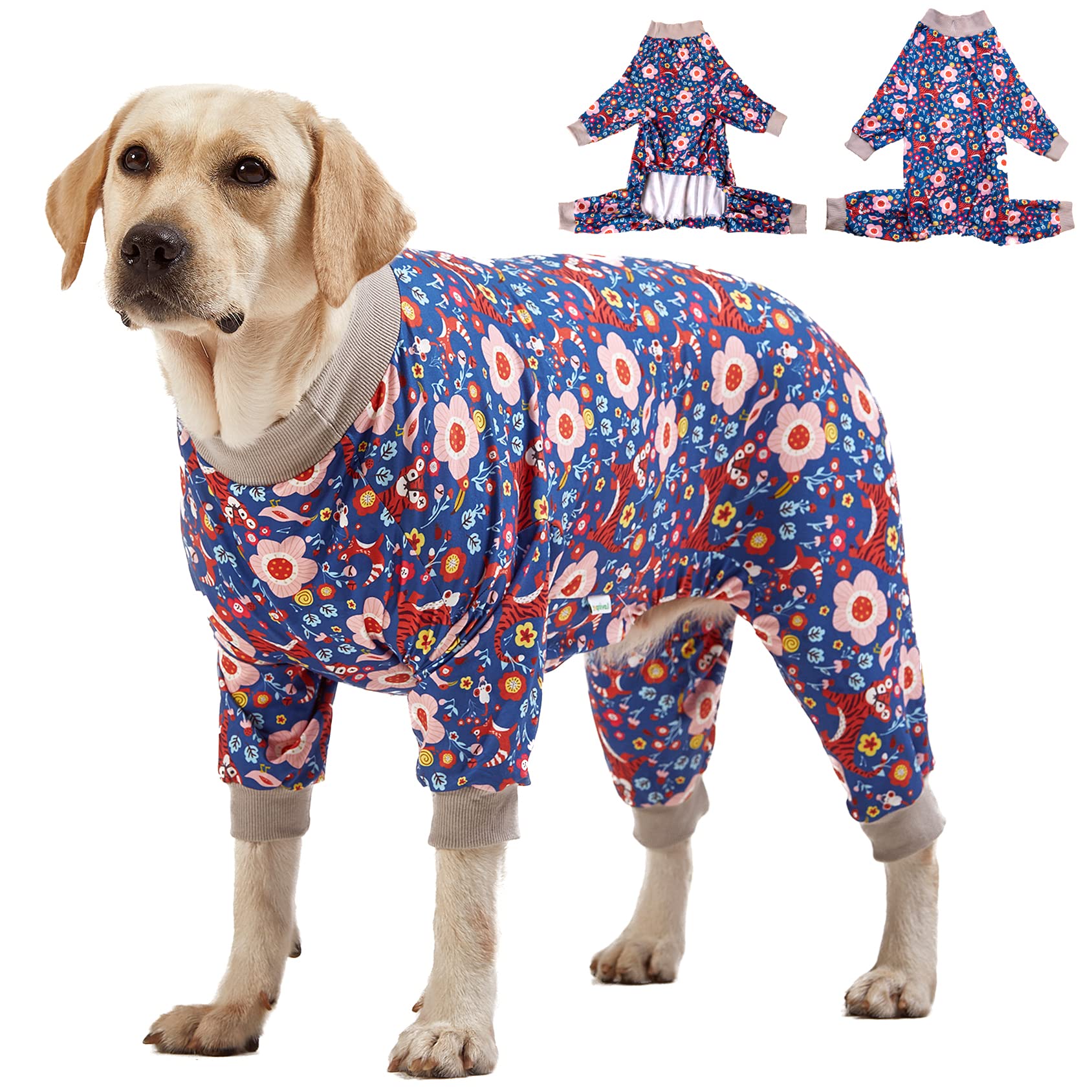 LovinPet Pit Bull Pajamas in tiger garden blue-pink print for comfortable rest