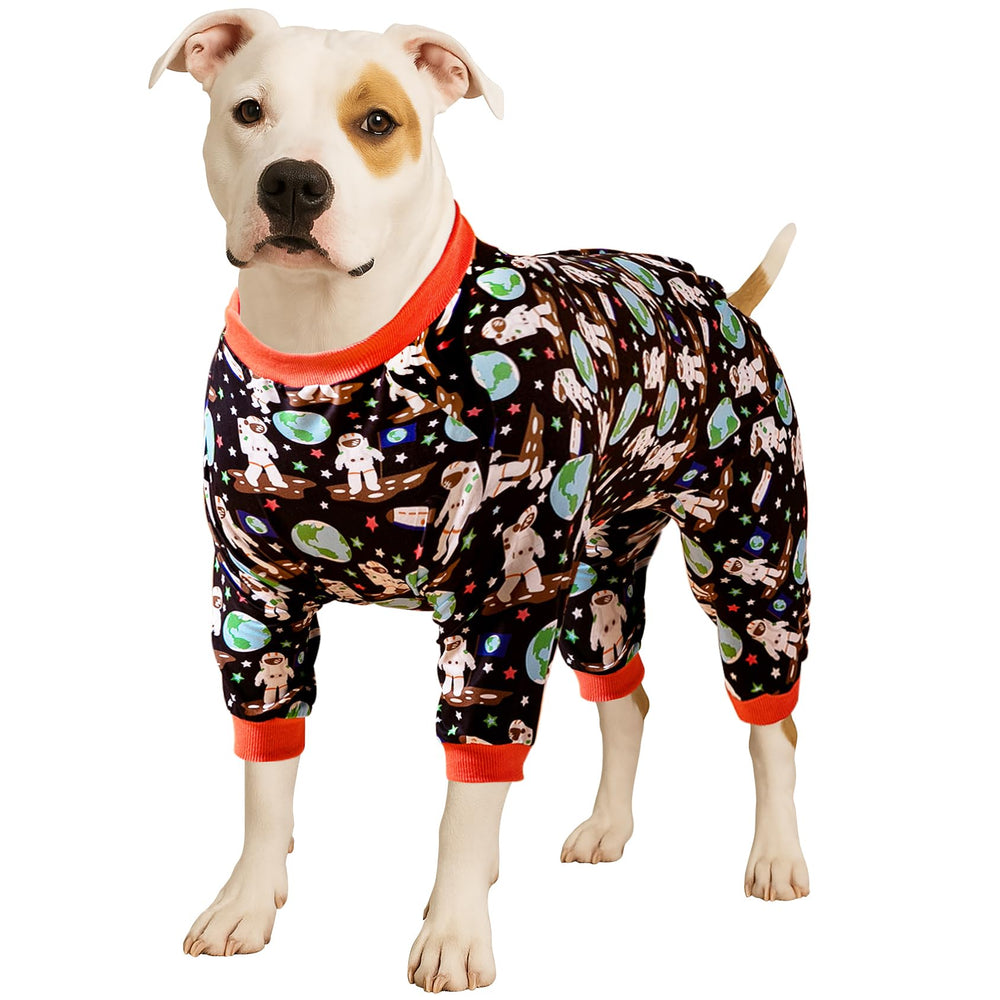 LovinPet Pitbull Onesie front view demonstrates light, breathable fabric for all-day comfort.