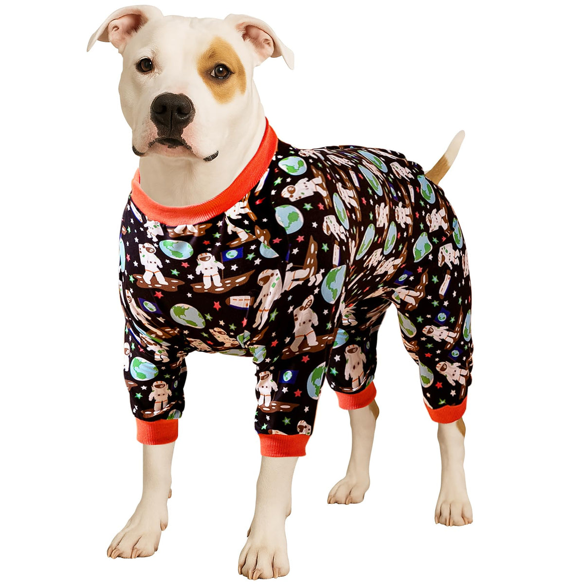 LovinPet Pitbull Onesie front view demonstrates light, breathable fabric for all-day comfort.