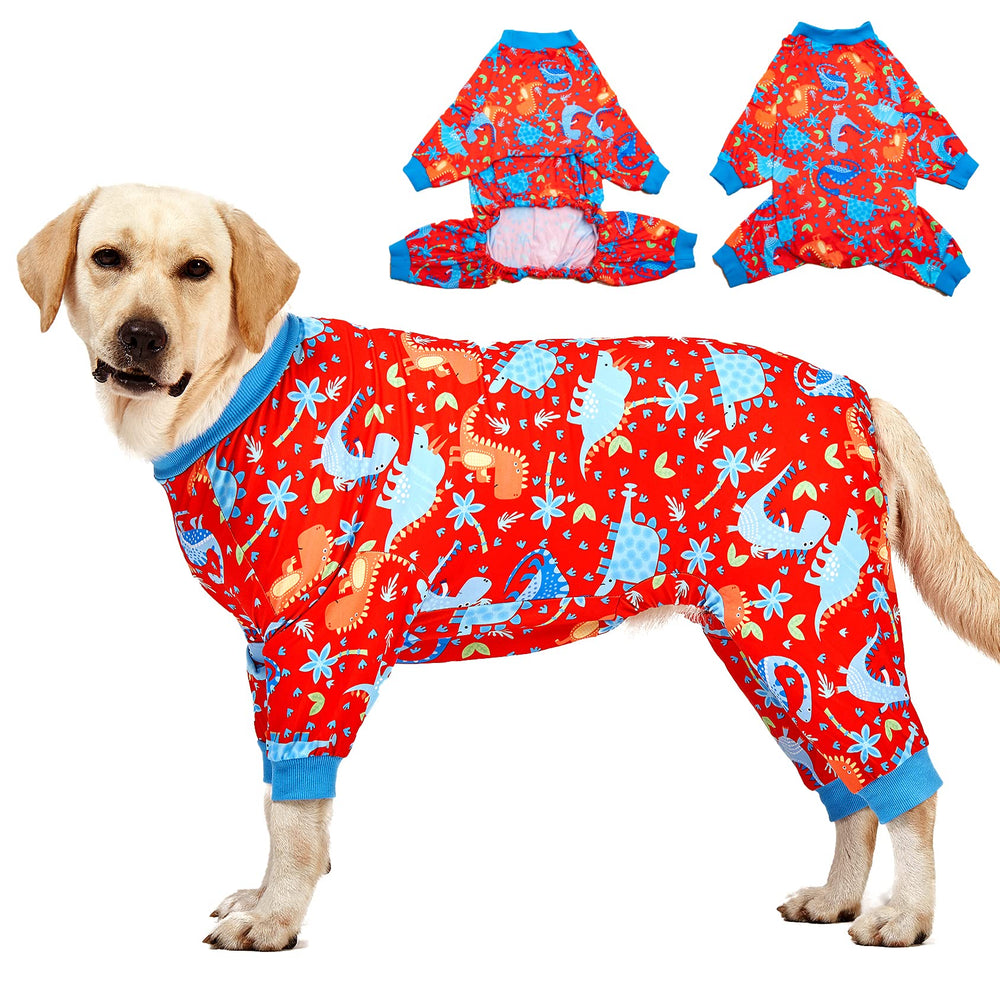 LovinPet pitbull pajamas in dinosaur jungle red print reduce shedding on furnishings.