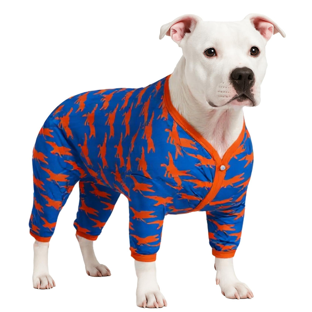 LovinPet pitbull pajamas orange print front view, comfy daily wear with shedding control.