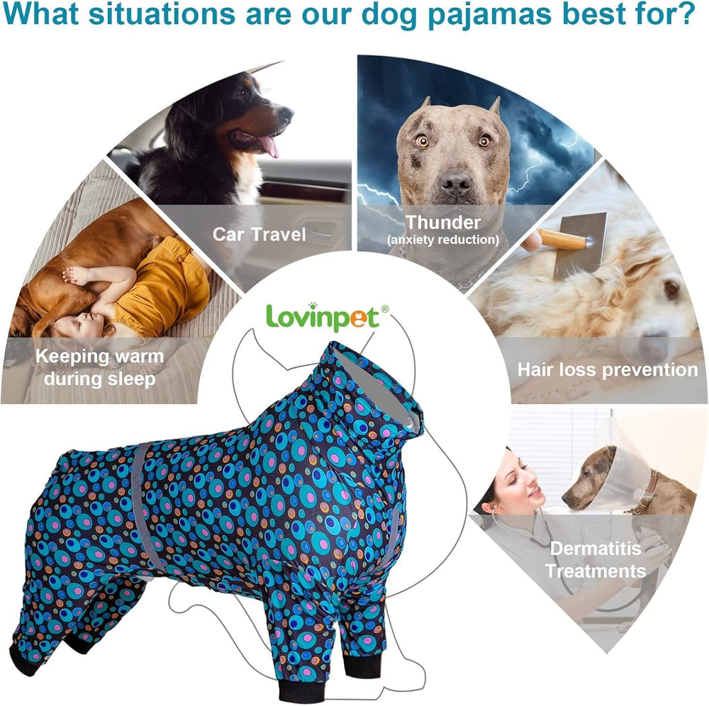 LovinPet PJS dog jumpsuit with reflective stripe enhances visibility for safe night walks
