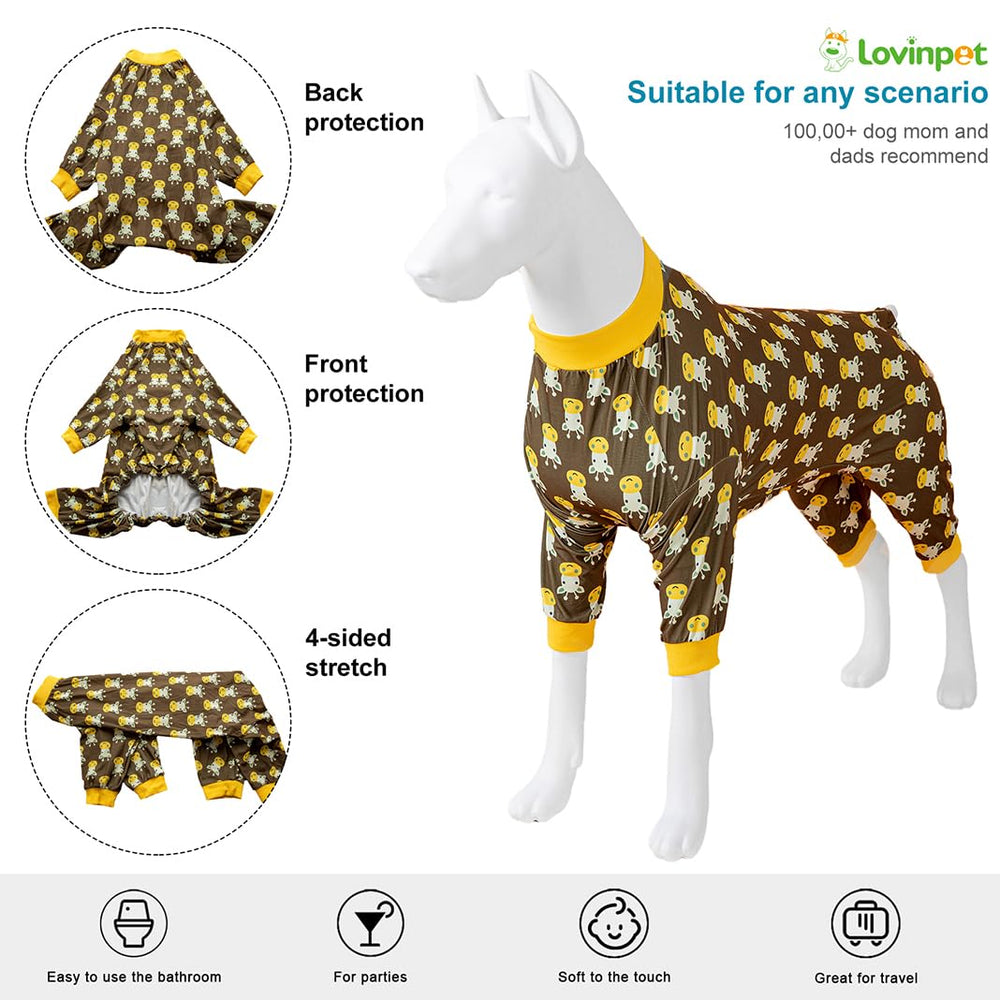 LovinPet pullover dog pajamas stretchy-fabric, easy-on feature for quick dressing.
