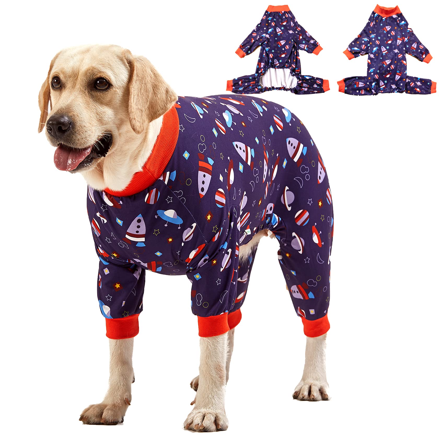 LovinPet pullover pitbull pajama on spacecraft navy front view for full-coverage warmth