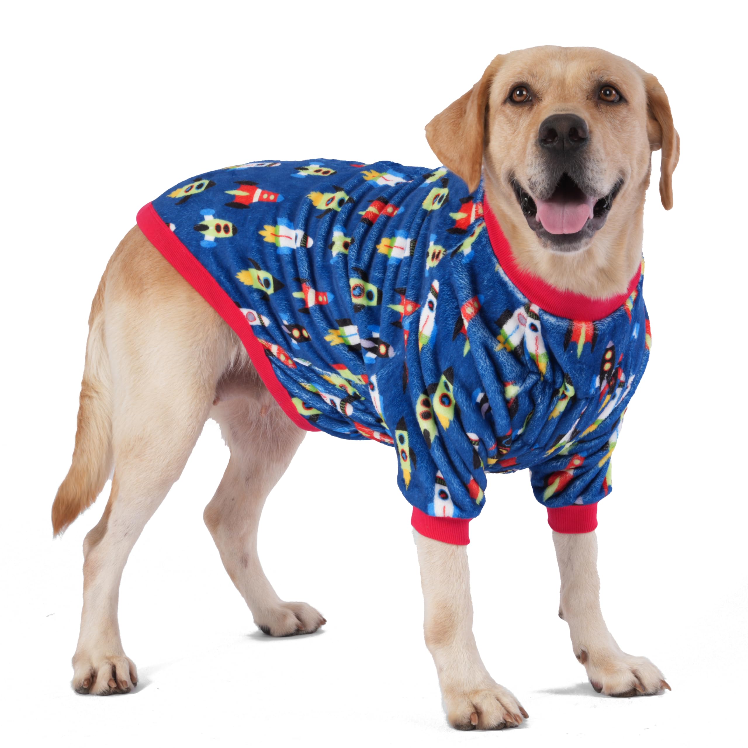 LovinPet sweater on pitbull front view with blue yonder print for chilly walks.