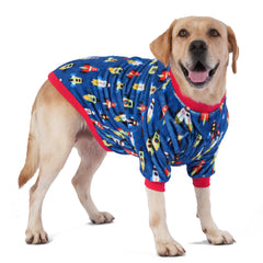 LovinPet sweater on pitbull front view with blue yonder print for chilly walks.