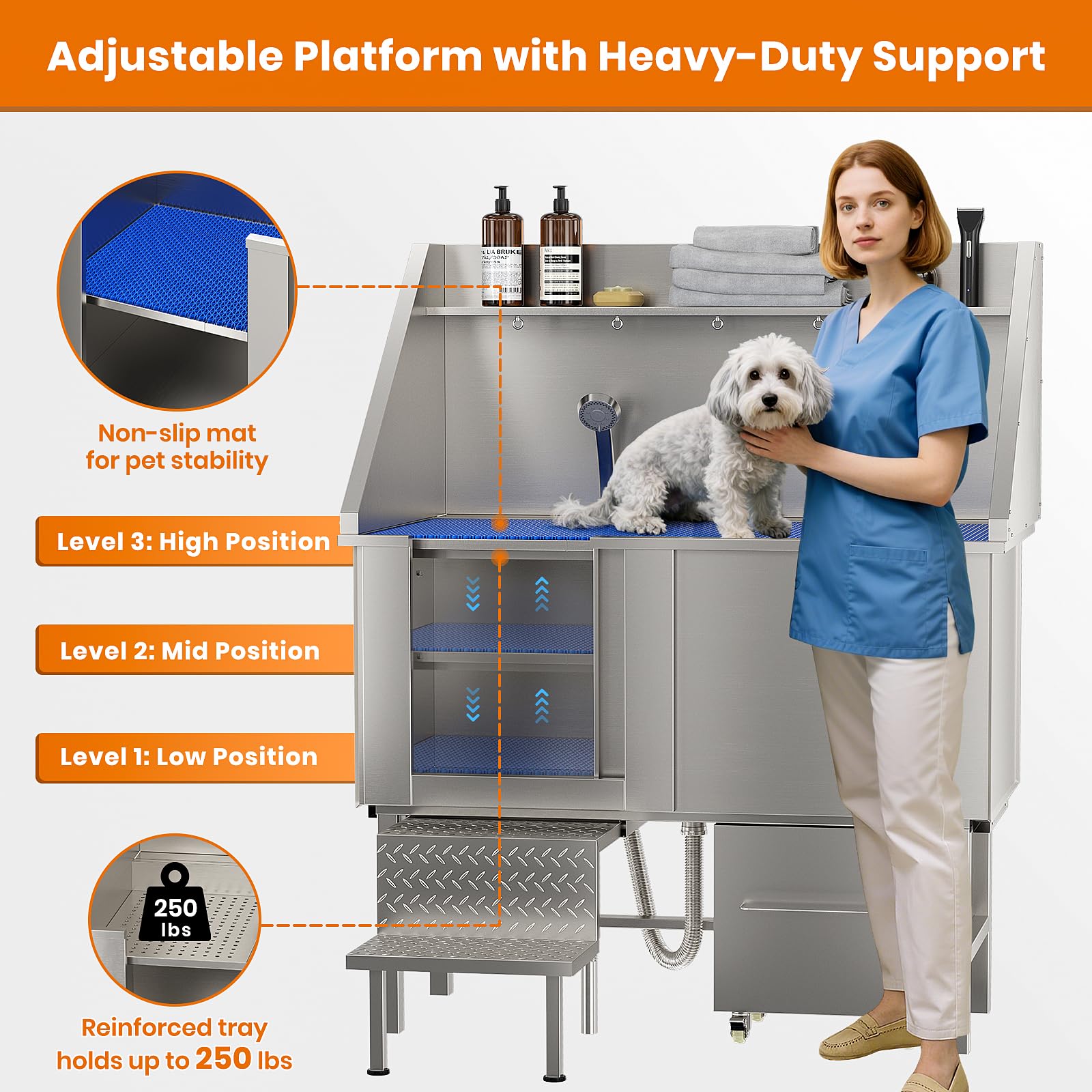 LOVMOR 50in dog washing station adjustable platform shows three height options for back relief