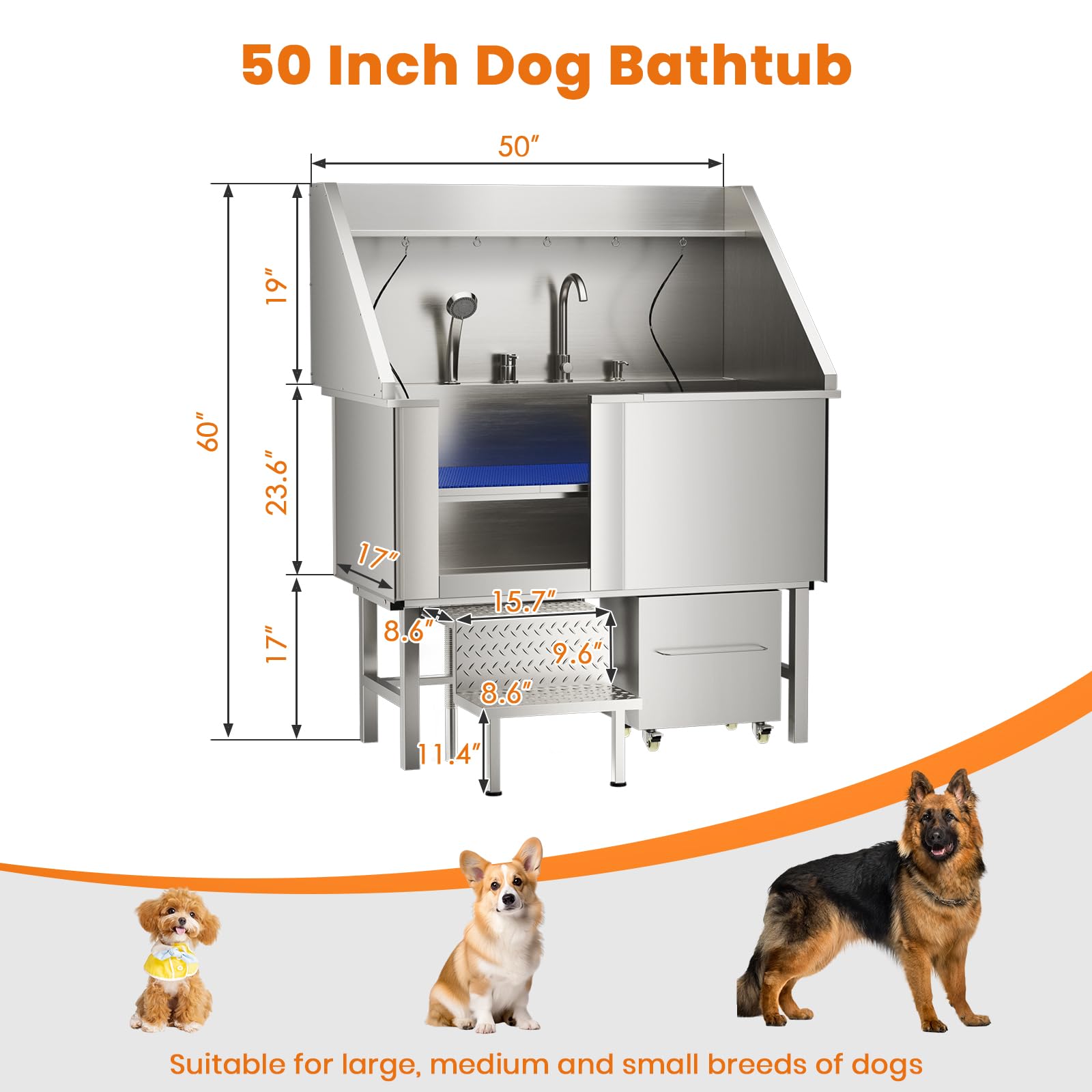 LOVMOR 50in dog washing station side view highlights rugged stainless steel and easy cleanup