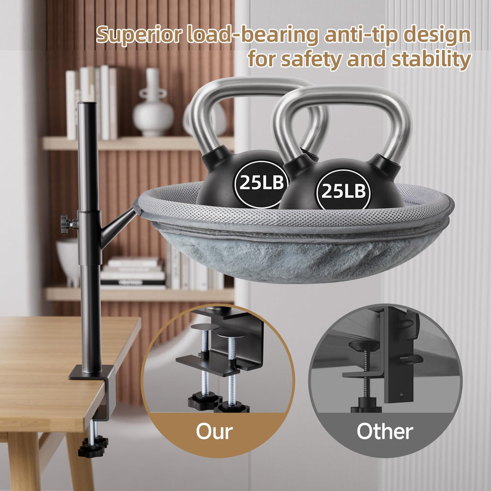 LOVSTORAGE Cat Desk Bed clamps and silicone pads provide secure, surface-safe stability.