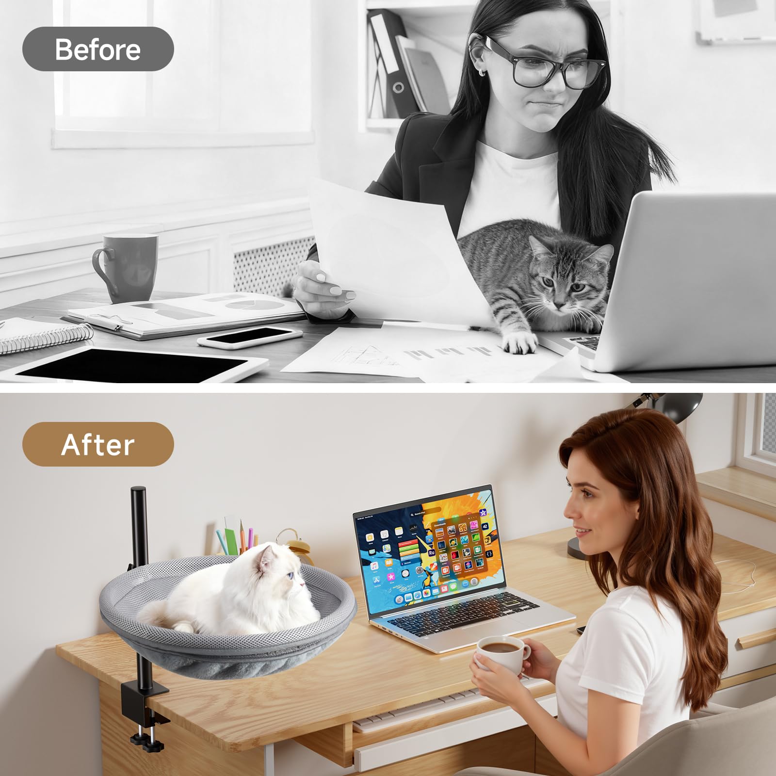 LOVSTORAGE Cat Desk Bed mounted under-desk use for a private sanctuary.