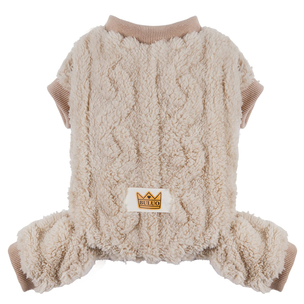 Loyanyy plush dog pajamas on a small beige dog for warm winter wear.