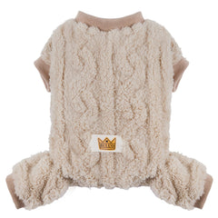 Loyanyy plush dog pajamas on a small beige dog for warm winter wear.