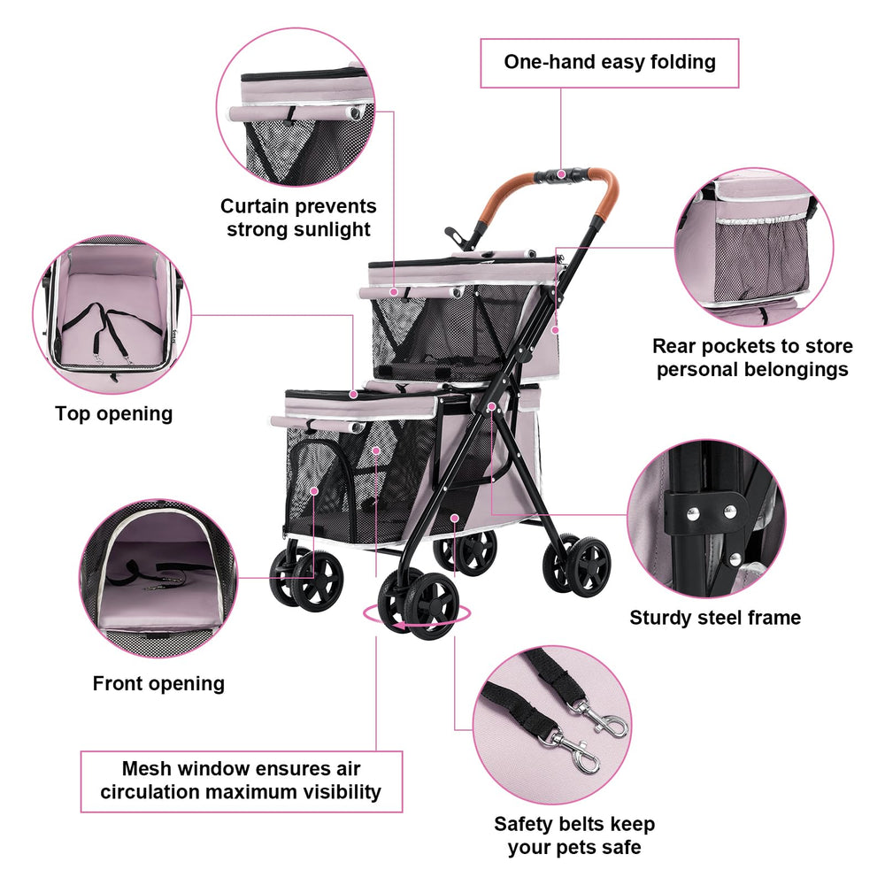 LPOTIUS Double Pet Stroller 360-degree front wheels for easy steering on varied surfaces