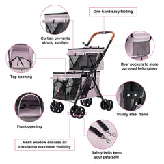 LPOTIUS Double Pet Stroller 360-degree front wheels for easy steering on varied surfaces