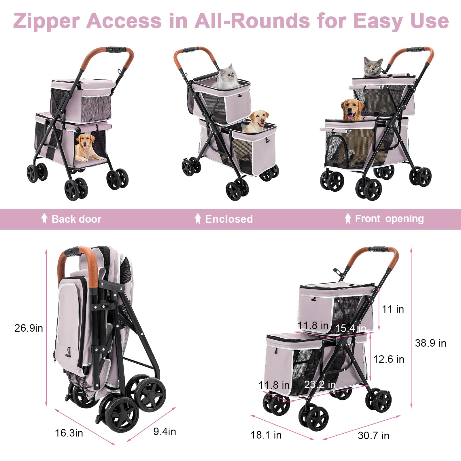 LPOTIUS Double Pet Stroller breathable mesh window for ventilation and insect protection