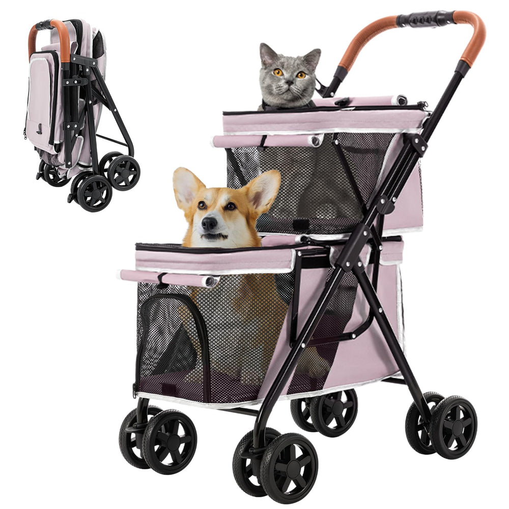 LPOTIUS Double Pet Stroller pink side view showing sturdy frame for up to 44 lbs