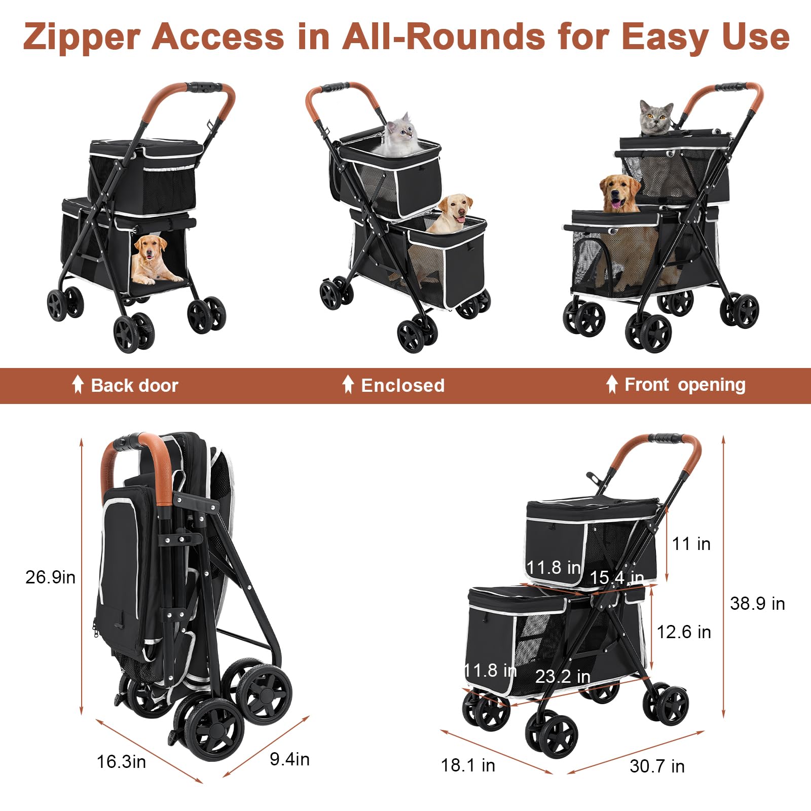 LPOTIUS double pet stroller folded compactly for easy storage and travel