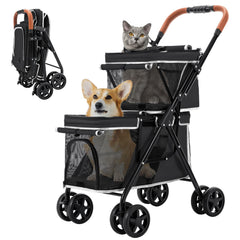 LPOTIUS double pet stroller front view with dual seats and smooth glide